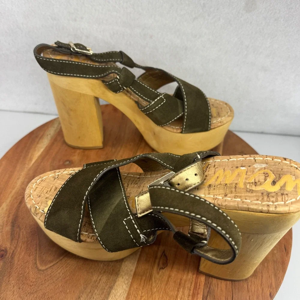 Sam Edelman Mae Olive Green Suede Cork Platform Heel Ankle Strap Block Heel 8.5M